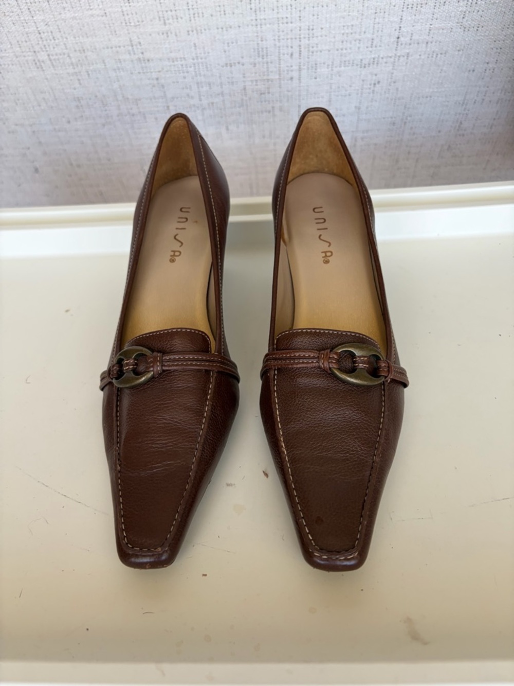 Unisa Brown Leather Square-Toe Loafers with Metal Bit